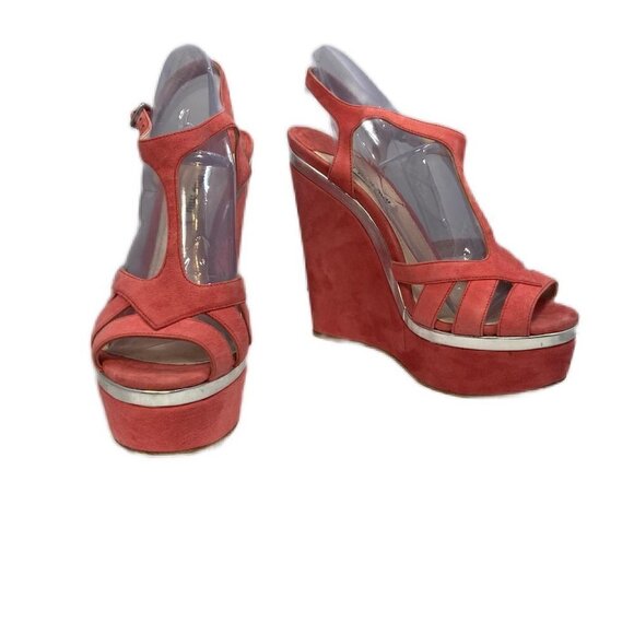 Miu Miu by Prada Pink Camoscio Wedges strappy heels silver trim - Picture 1 of 12
